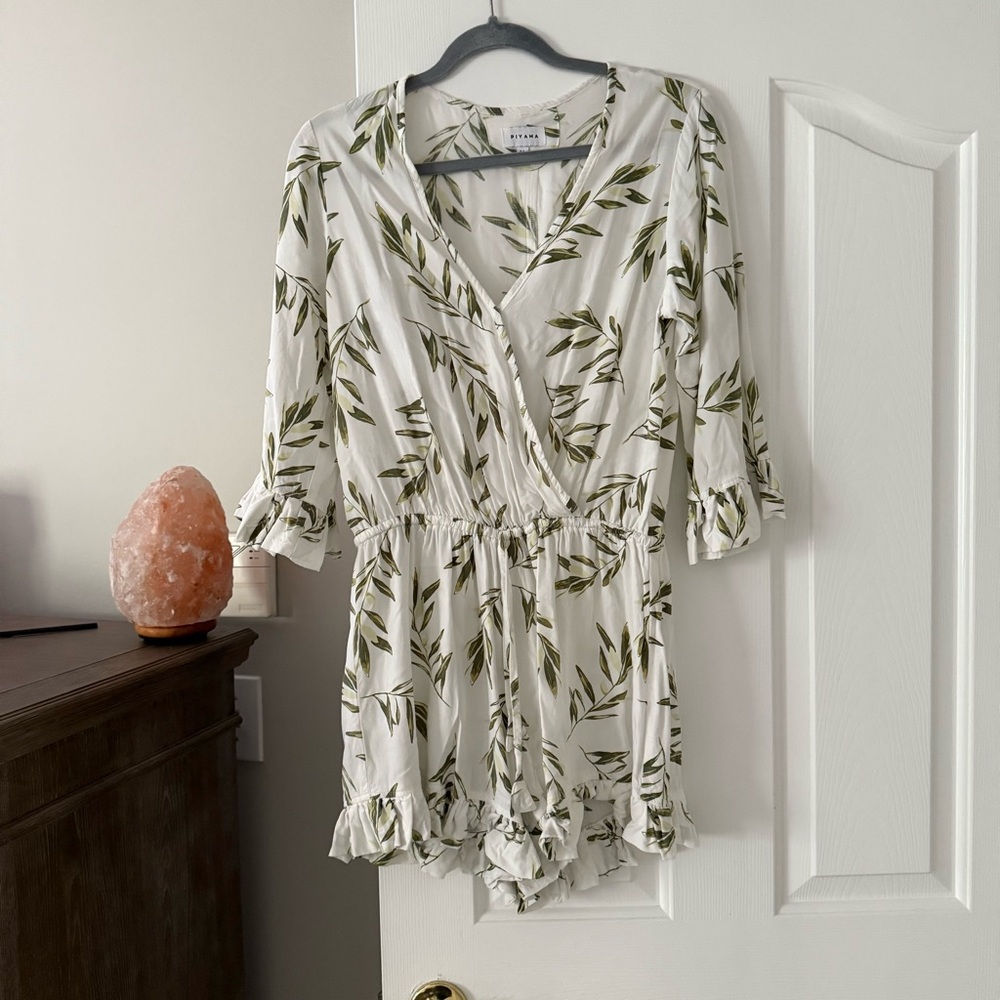 White and Green Leaf Print Romper